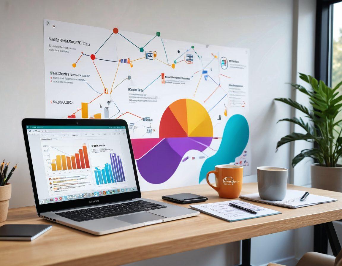A modern office setting showcasing a laptop displaying email analytics graphs and charts, surrounded by colorful email icons symbolizing targeted marketing. The scene should feature a person analyzing data with a thoughtful expression, a coffee cup next to them, and a large window letting in natural light. Include abstract representations of digital marketing concepts like engagement and conversion rates in the background. super-realistic. vibrant colors. 3D.