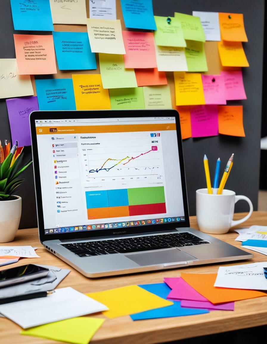 A creative workspace featuring a laptop displaying an email campaign in progress, surrounded by colorful notes with various marketing ideas. Include elements like charts and graphs showing growth, a coffee mug with a marketing logo, and a notepad with personalized email templates. The scene should convey a vibrant and productive atmosphere, emphasizing personalization and strategy. super-realistic. vibrant colors. 3D.