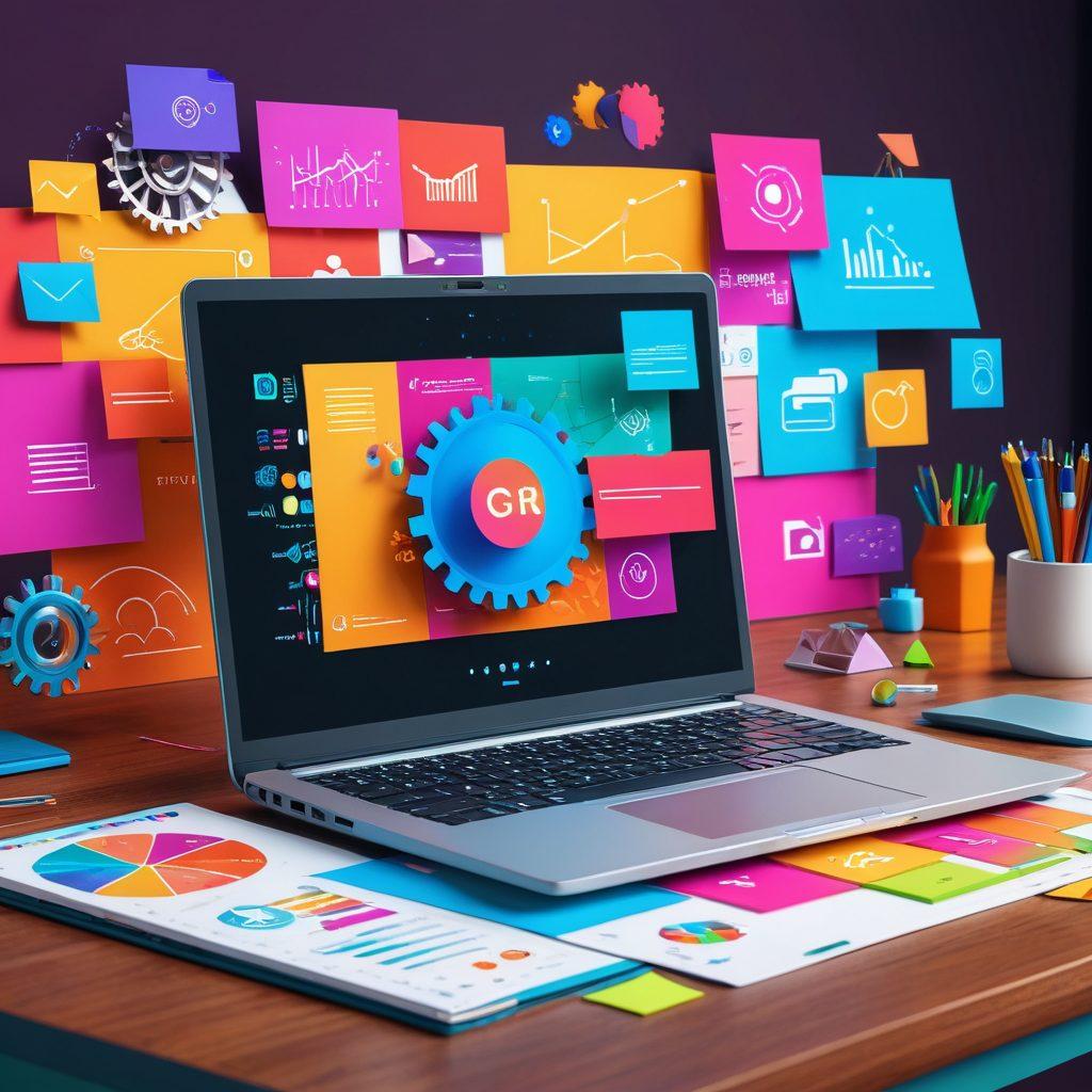 A sleek digital workspace featuring a laptop displaying an email marketing dashboard with colorful graphs and analytics. Surround it with automated gears and icons symbolizing connectivity, engagement, and efficiency. Include vibrant post-it notes with keywords like 'Automation', 'Strategy', and 'Campaign'. The background should be energetic and inspiring, evoking a sense of mastery and creativity in digital marketing. futuristic design. vibrant colors. 3D.